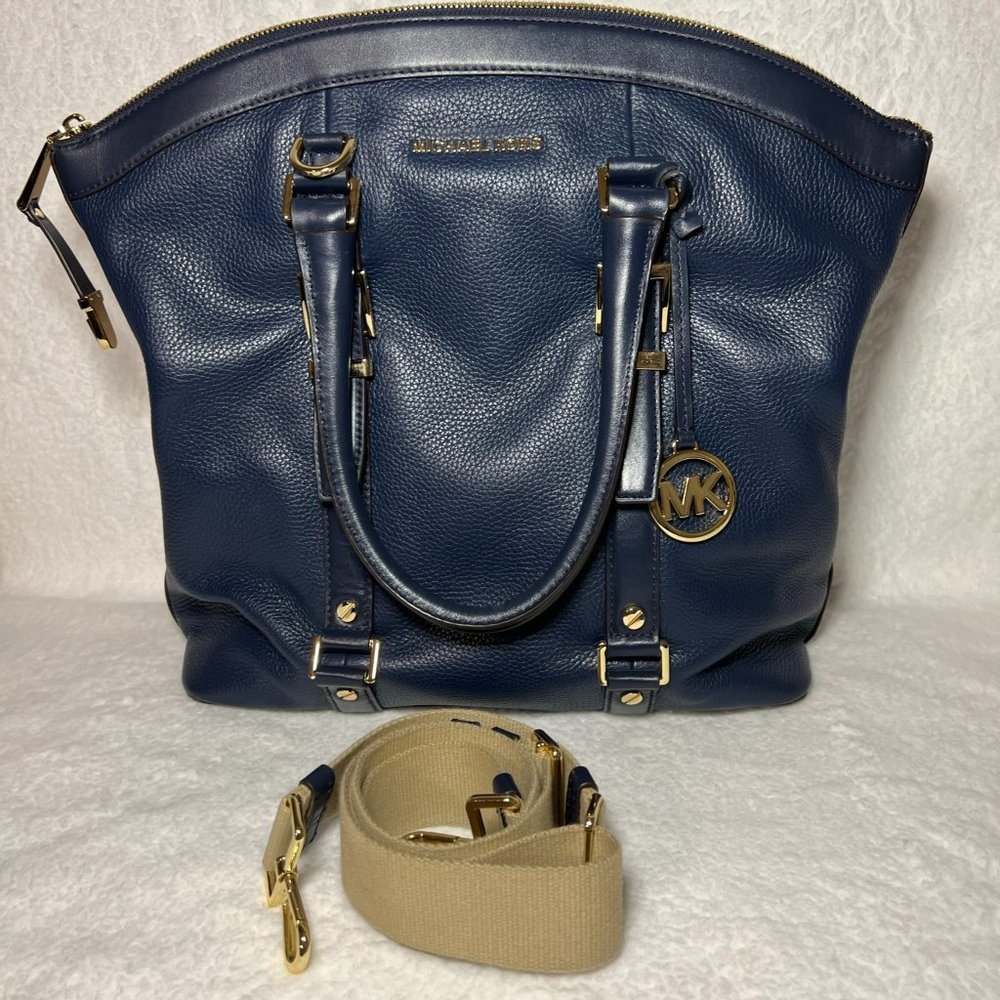 Michael Kors Large Pebbled Leather Bedford Dome Tote Navy Blue